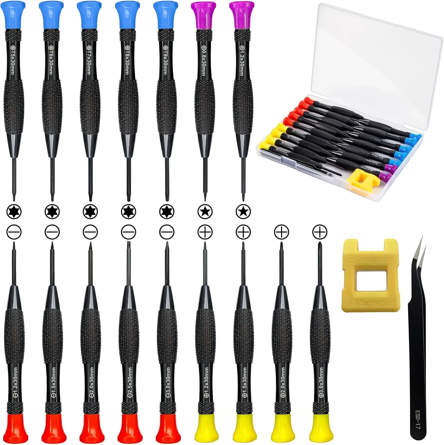 18PCS Mini Screwdriver Set with Case - Small Flathead, Pentalobe, Torx Star Screwdrivers and Tweezers for Repairing Eyeglasses, Phones, Computers magnetic telescope