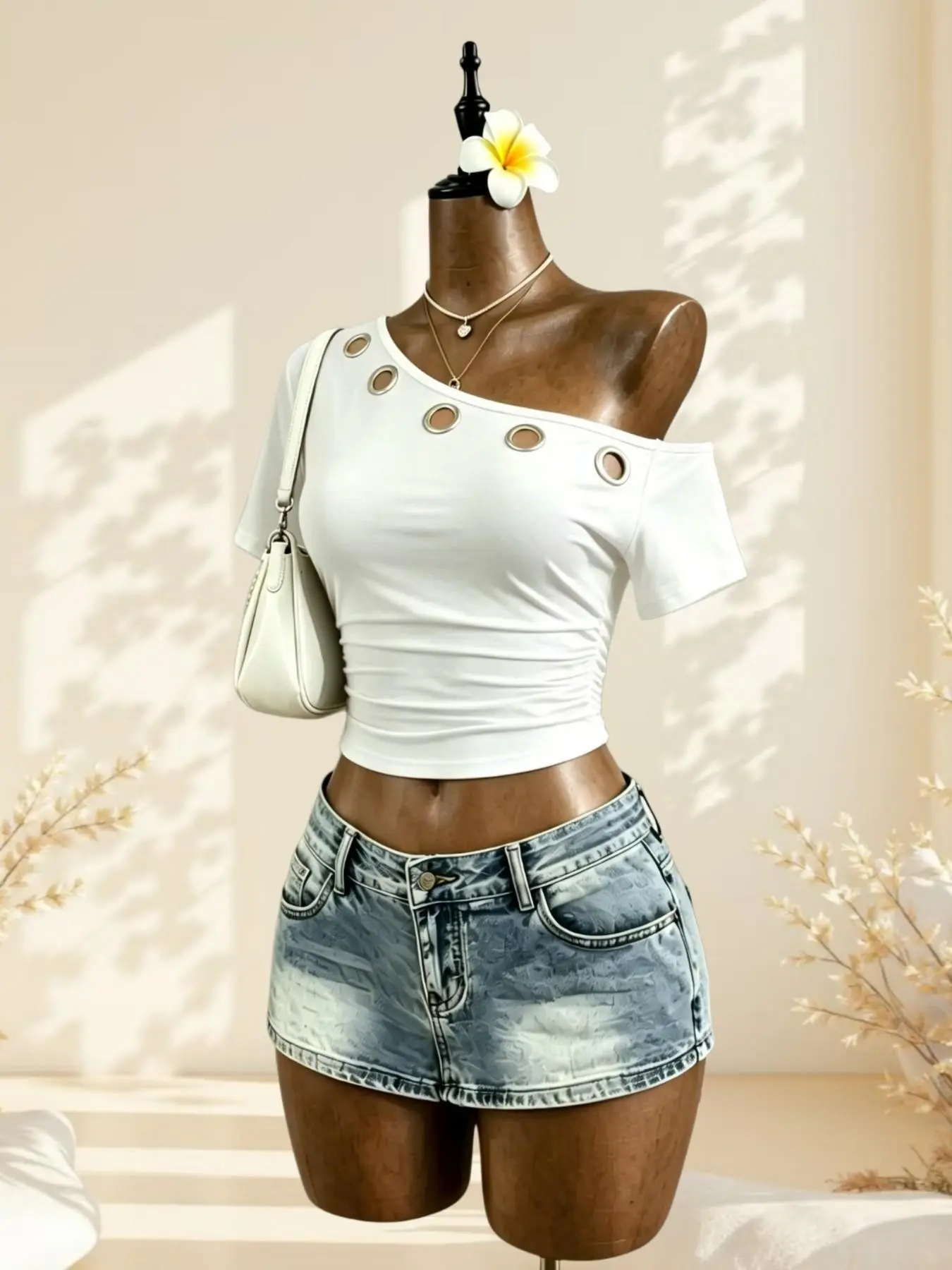 Y2K Sweet Cool Casual Style Metal Eyelet Asymmetrical Shoulder Top, One-Sided Off-Shoulder Pleated Waist Slimming Short Tee, Single Piece Set