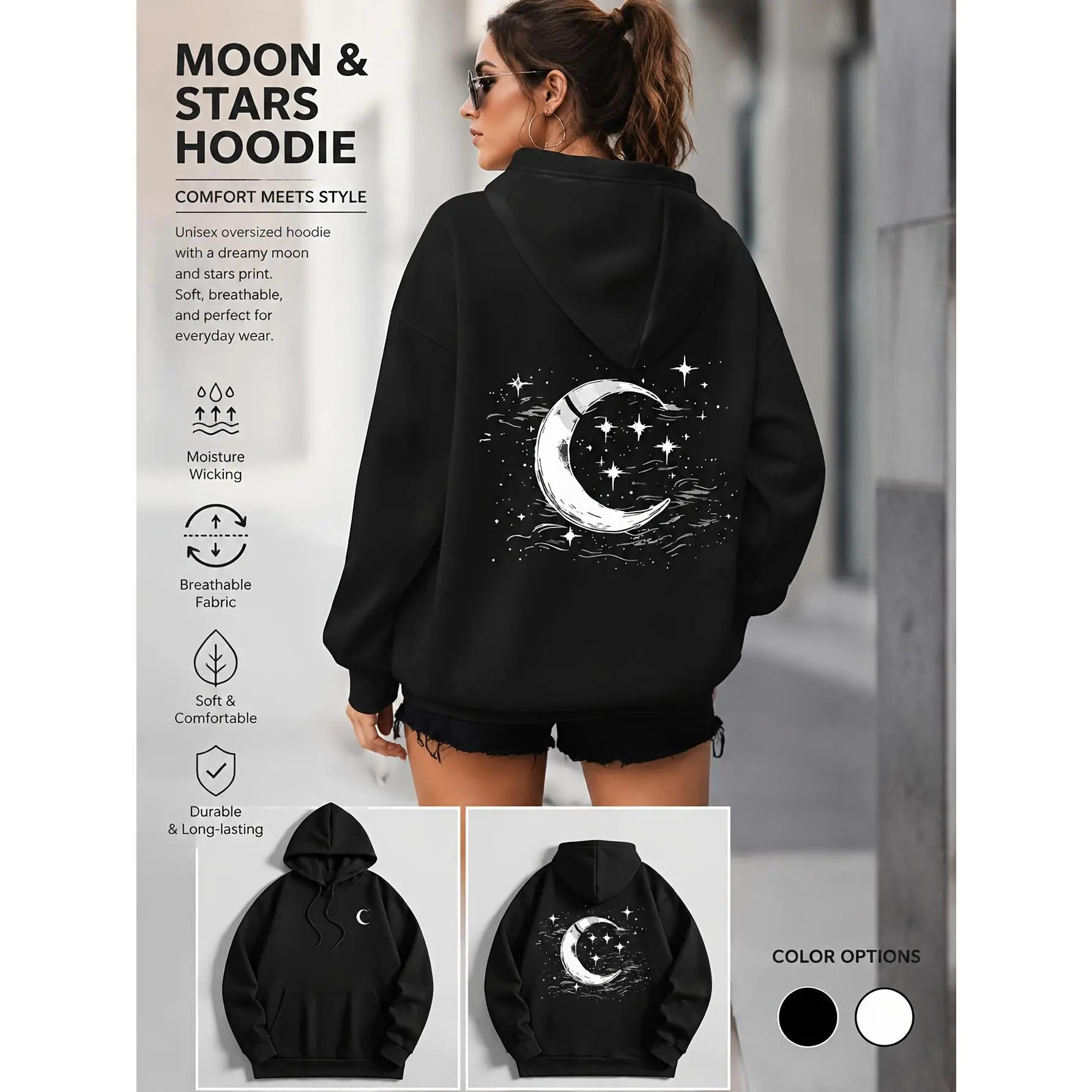 This loose-fitting sweatshirt features a moon and star print, perfect for everyday wear. It's breathable, comfortable, durable, and unisex. Made of soft cotton, this black casual sweatshirt is a must-have fashion item. Its simple design and starry pattern