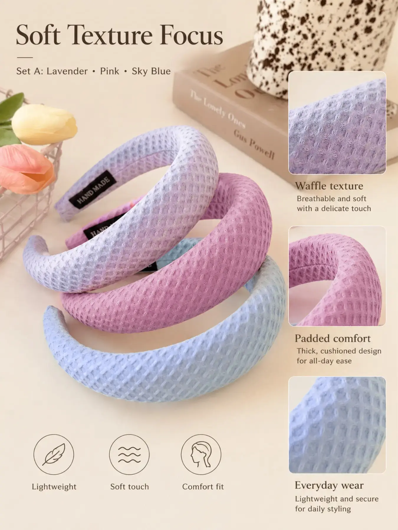 3 Pieces Macaron Waffle Sponge Hairbands with Thick Fillings for Increased Height and Comfort, Soft Breathable Suitable for Daily and School Use, Versatile Women's Head Accessories