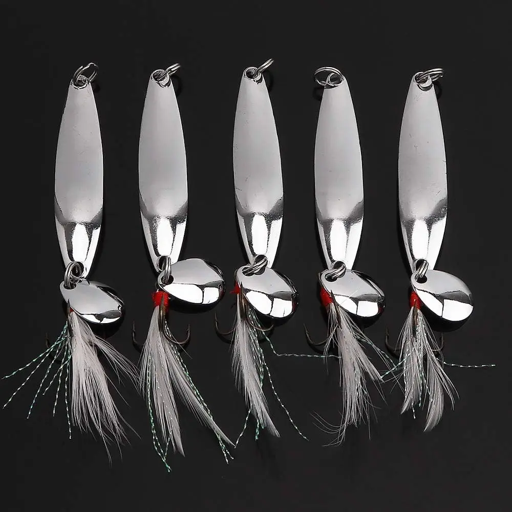 5 count Spoons Lures Fishing Kit - Metal Spinner Baits With Treble Hooks for Salmon Bass