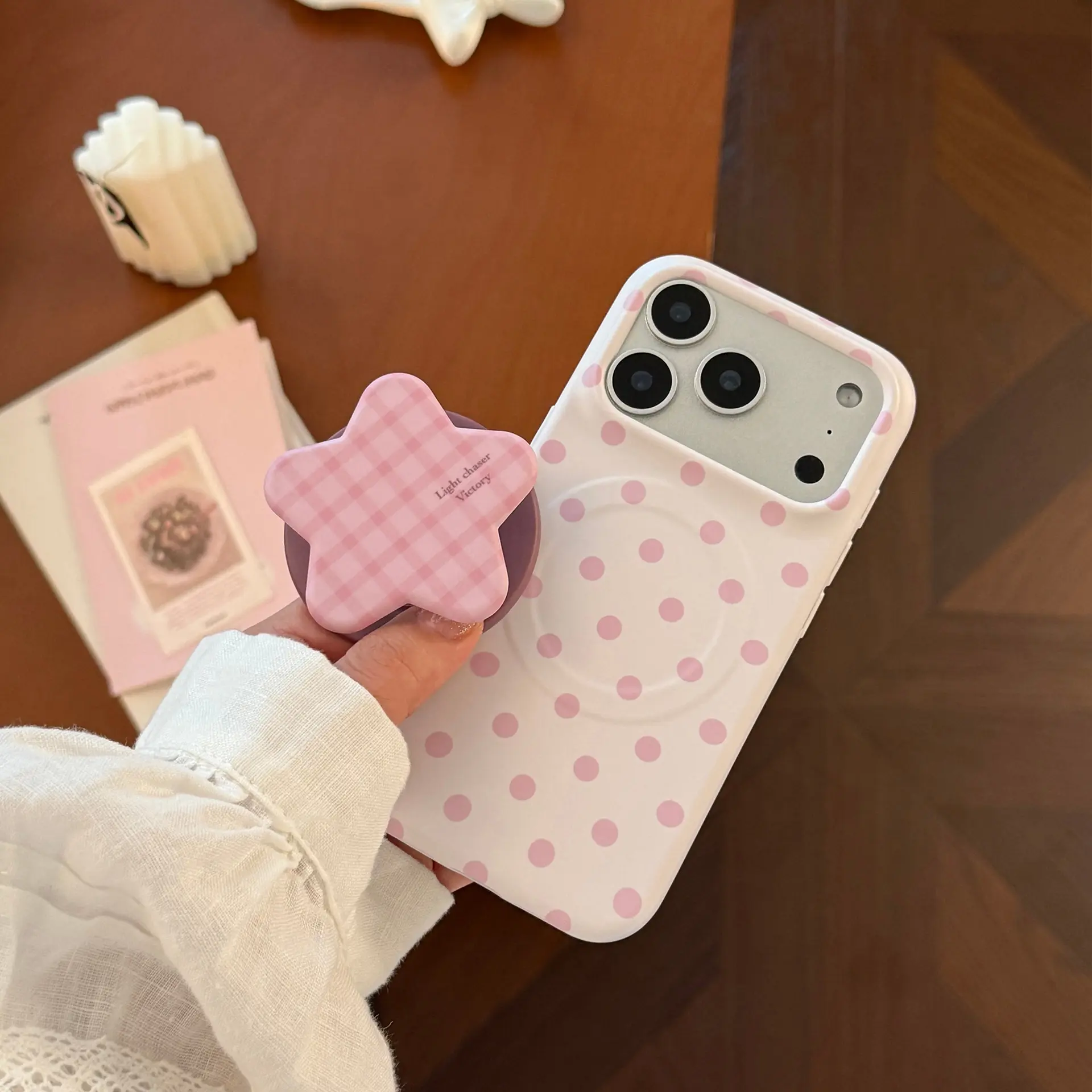 INS Cute Pink Polka Dot MagSafe Magnetic Phone Case With Kickstand, Shockproof Anti‑Scratch Protective Cover