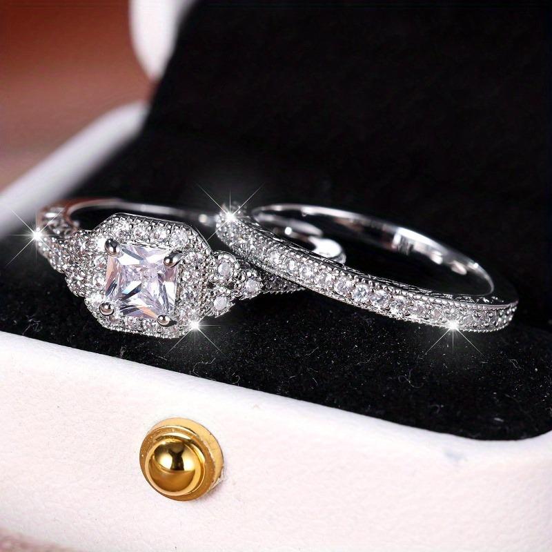 2-Piece Luxury Square Cubic Zirconia Wedding Ring Set - Women’s Promise Engagement Rings, Bridal Jewelry, Valentine's Day Proposal & Mother's Day Gift