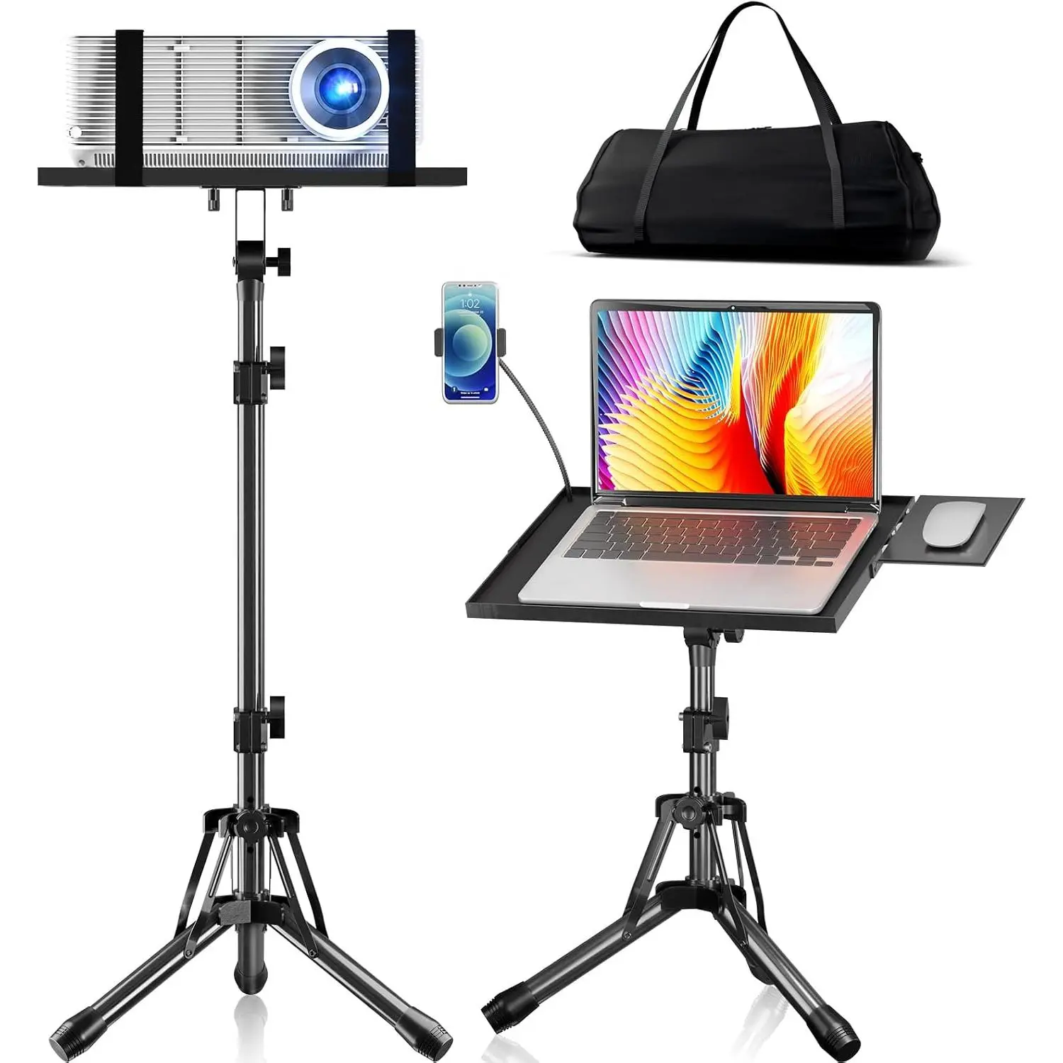 Projector Stand Adjustable Height 20" to 61" | Foldable Projector Tripod Stand with  Tray & Phone Holder,  for Office  Stage Studio DJ Racks Podium Stand