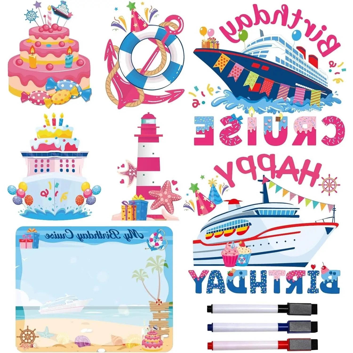 Birthday Cruise Door Magnets - 7 Pack Pink Magnetic Decorations | Cute Ship Cabin Stickers, Anchor Stateroom Decals with Pens for Whiteboard, Refrigerator, Car Accessories, Carnival Party DecorGift