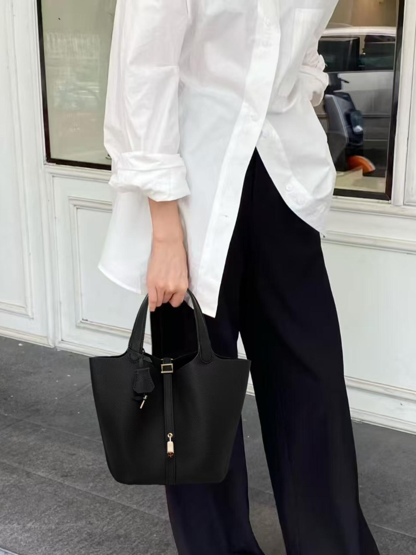 Women's Fashion Plain Leather Bucket Handbags 22cm, Casual Asymmetrical Handbag, Handheld Bag, All Seasons, Versatile and Stylish, Handbag Set