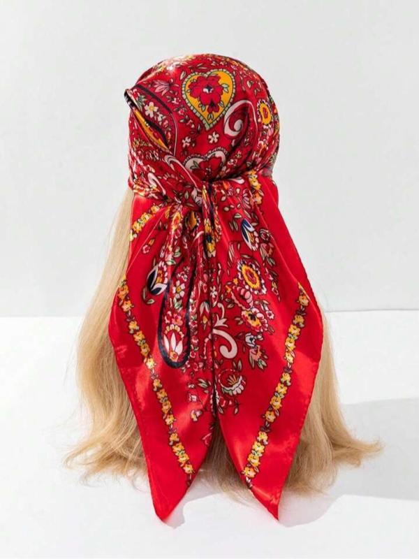 90*90 cm Floral Paisley Silk Scarf, Vintage Plain Design for Women, All-Season Fashion Shawl and Headband