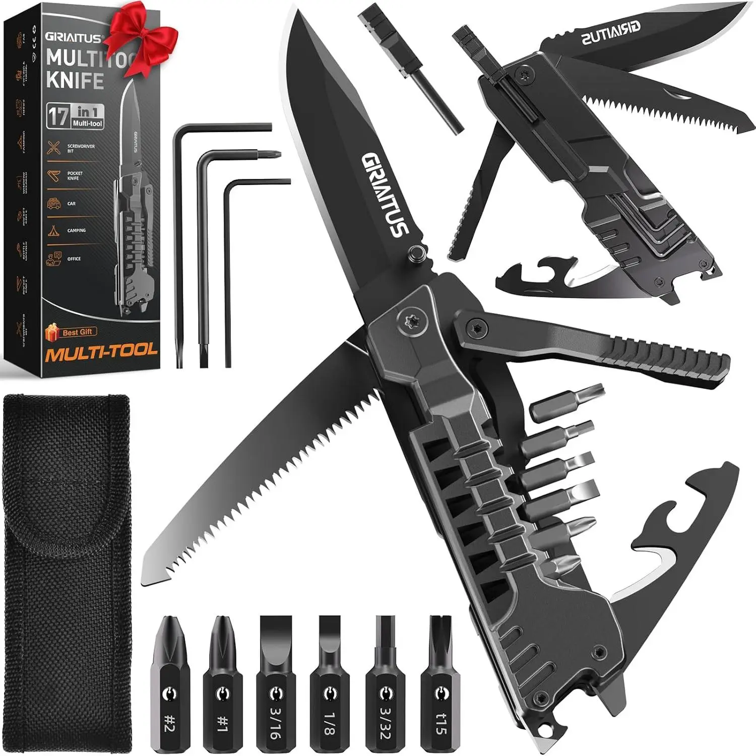 Knife 17 in 1Fire Starting Sticks, Bottle Opener, Saw Screwdrivers Bottle Opener, Whistle, Window Breaker and More -Perfect for Camping,, and Use,Gifts for Men Dad