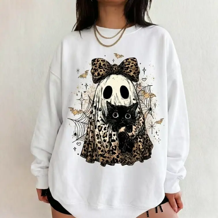 Leopard Bow Ghost Black Cat Halloween Graphic Oversized Cotton Sweatshirt Cute Spooky Fall Fashion Comfort Crewneck Outfit Perfect Halloween Gift For Her Women Best Present For Friends Family Lovers