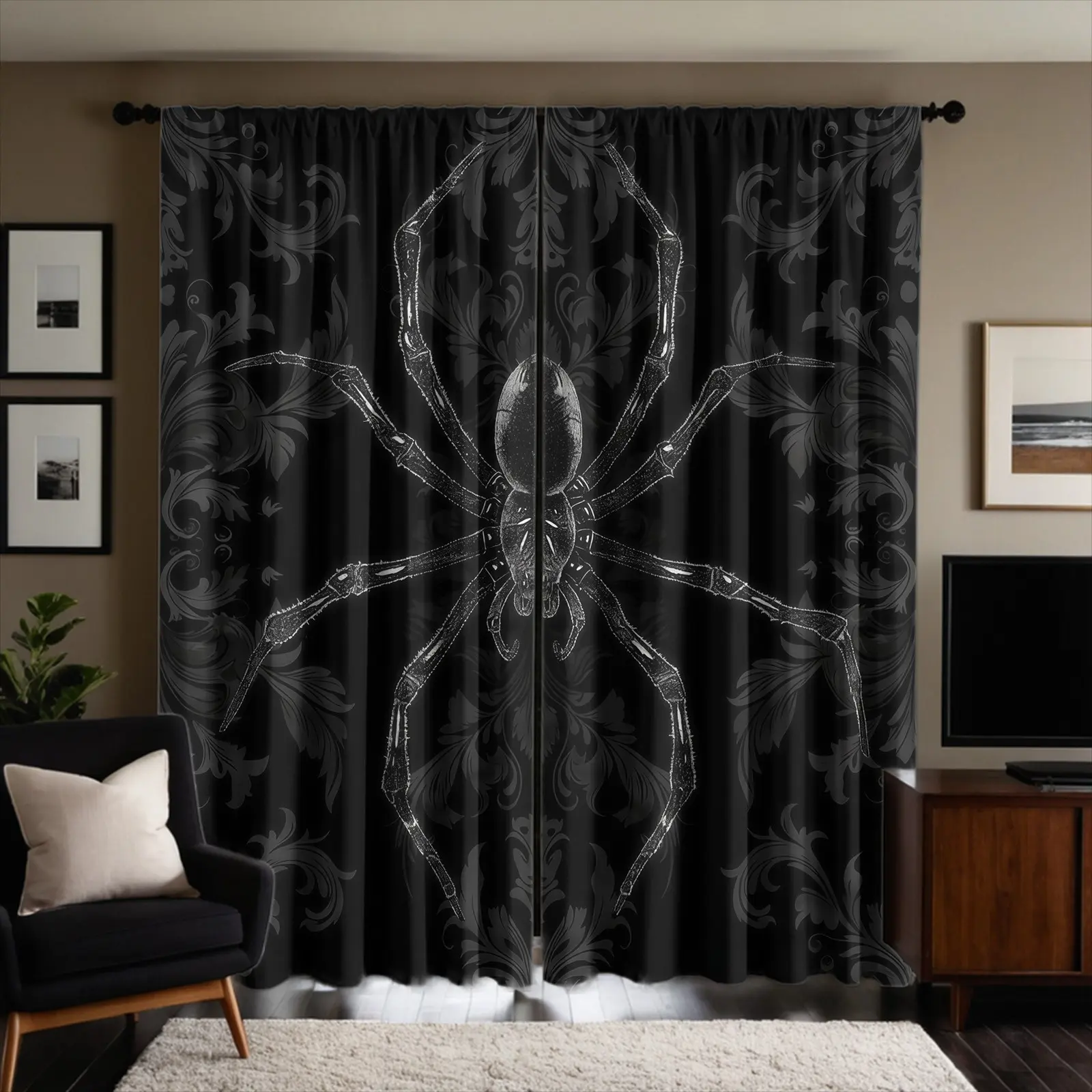 Spider Pattern Brushed Fabric Curtains, 2-Piece Set, Suitable For Bedroom And Living Room, Seasonal Decorative Semi-Blackout Curtains, Various Sizes Available