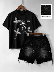 Men 2 Piece Rhinestone Outfit Gothic Jesus Cross Graphic Crew Neck T Shirt Full Rhinestone Distressed Drawstring Shorts Y2K Hip Hop Streetwear Set Matching Tracksuit