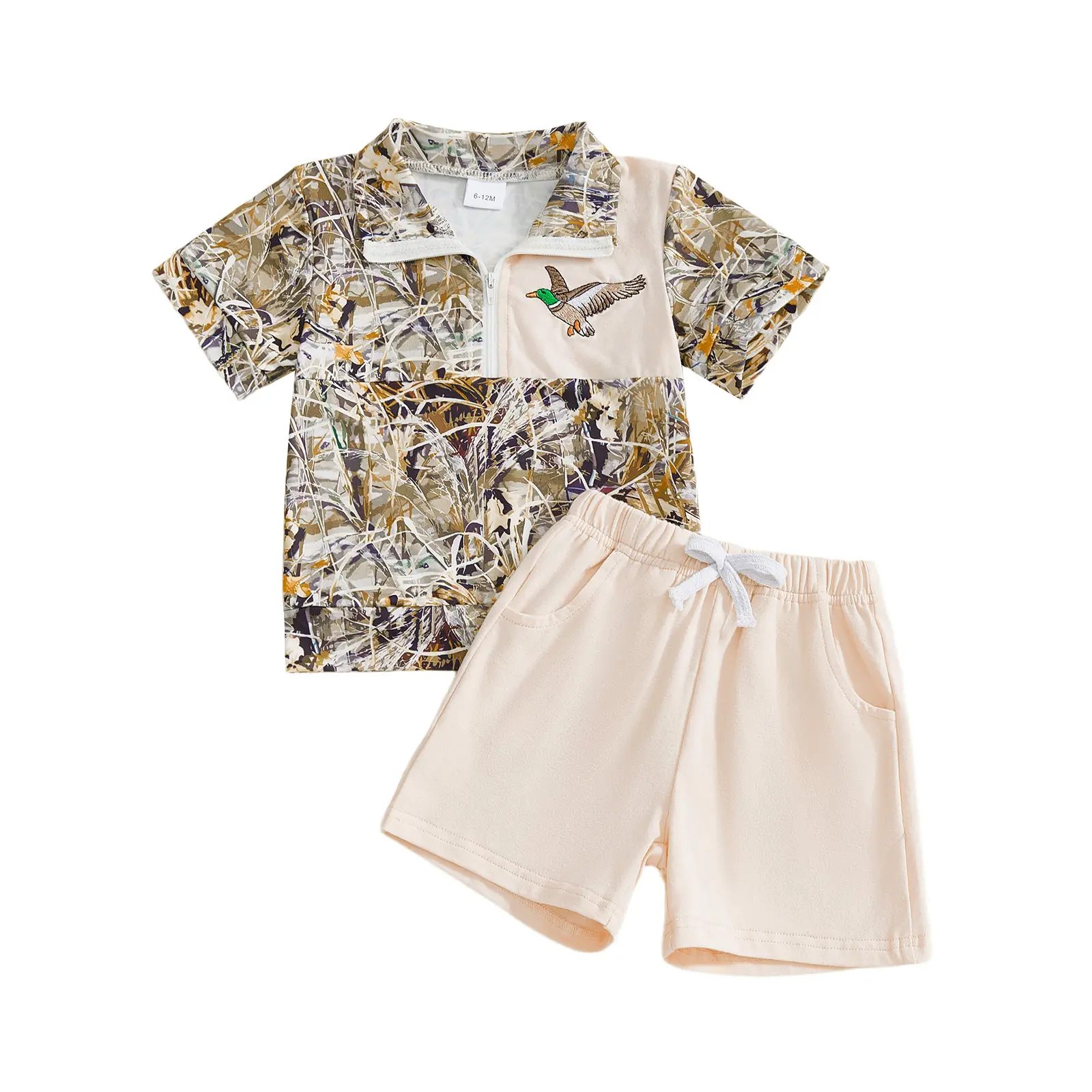Toddler Baby Boy Summer Hunting Outfits Set Half Zip Short Sleeve Animal Mallard Duck Print Pullover Tops Polo T Shirt Camouflage Pants 2Pcs Wild Clothes Set