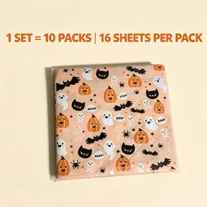 Cute Halloween Disposable Paper Napkins 10 Pack Set, 16 Sheets Per Pack, Cartoon Pumpkin Ghost Cat Bat Spider Printed Cocktail Napkins