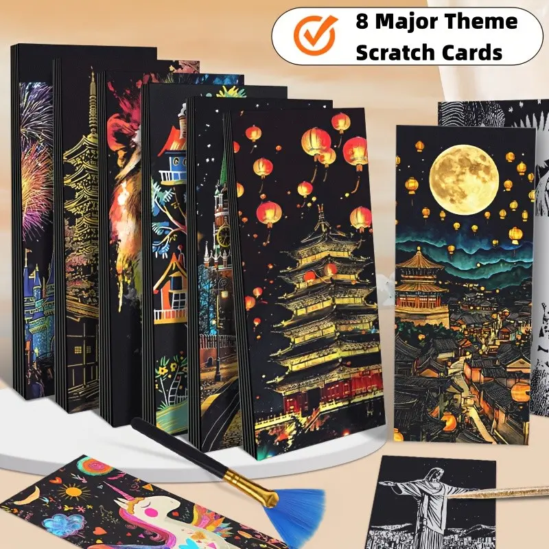 48pcs Adult Scratch-Off Art Paper Kit, Scratch Cards with City Scenes, City Night, Architecture & Animal Themes - Black Scratch Art Books for DIY Crafts, Relax & Creative Gifts, Artistic Expression, Suitable for Adults - Scrapbooking & Revealing Pictures