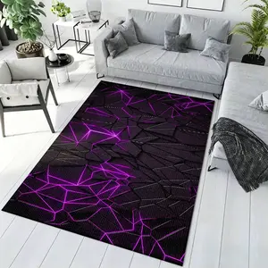 Purple Neon Geometric Tech Crystal Velvet Gaming Area Rug #PurpleNeonRug #TechGeometricFloorMat #GamingRoomCarpet #CrystalVelvetHomeDecor