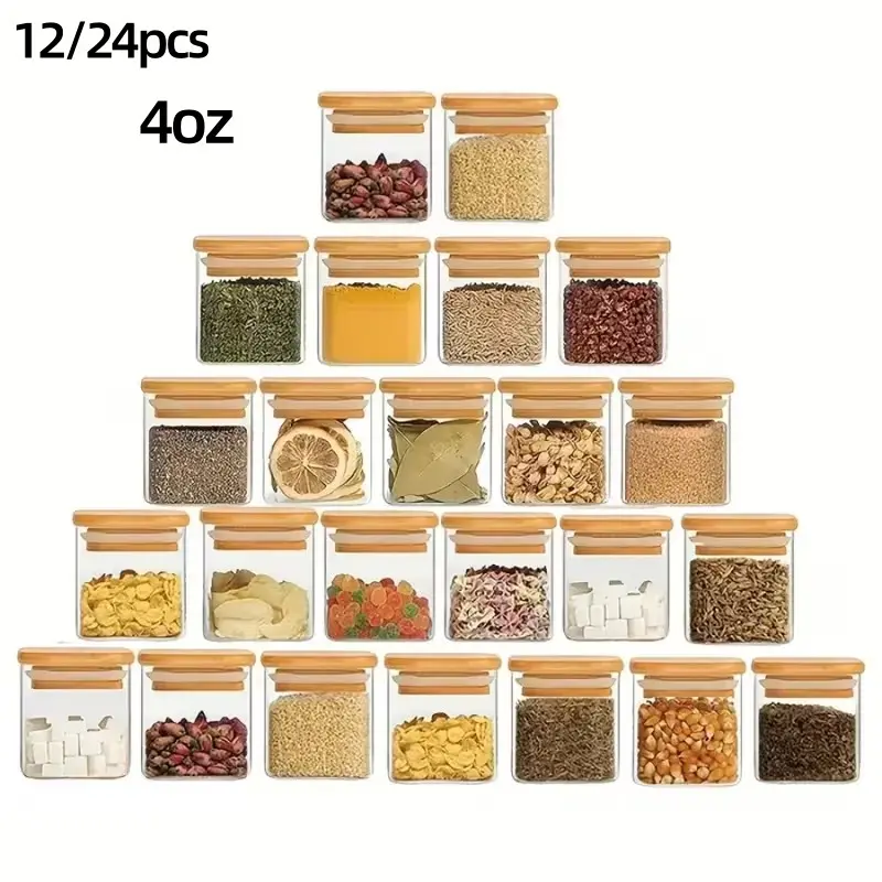 12/24pcs Mini Square Glass Spice Jars, Food Storage Containers, Lidded Glass Jars, Transparent Sealed Jars, Stackable Kitchen Organizers