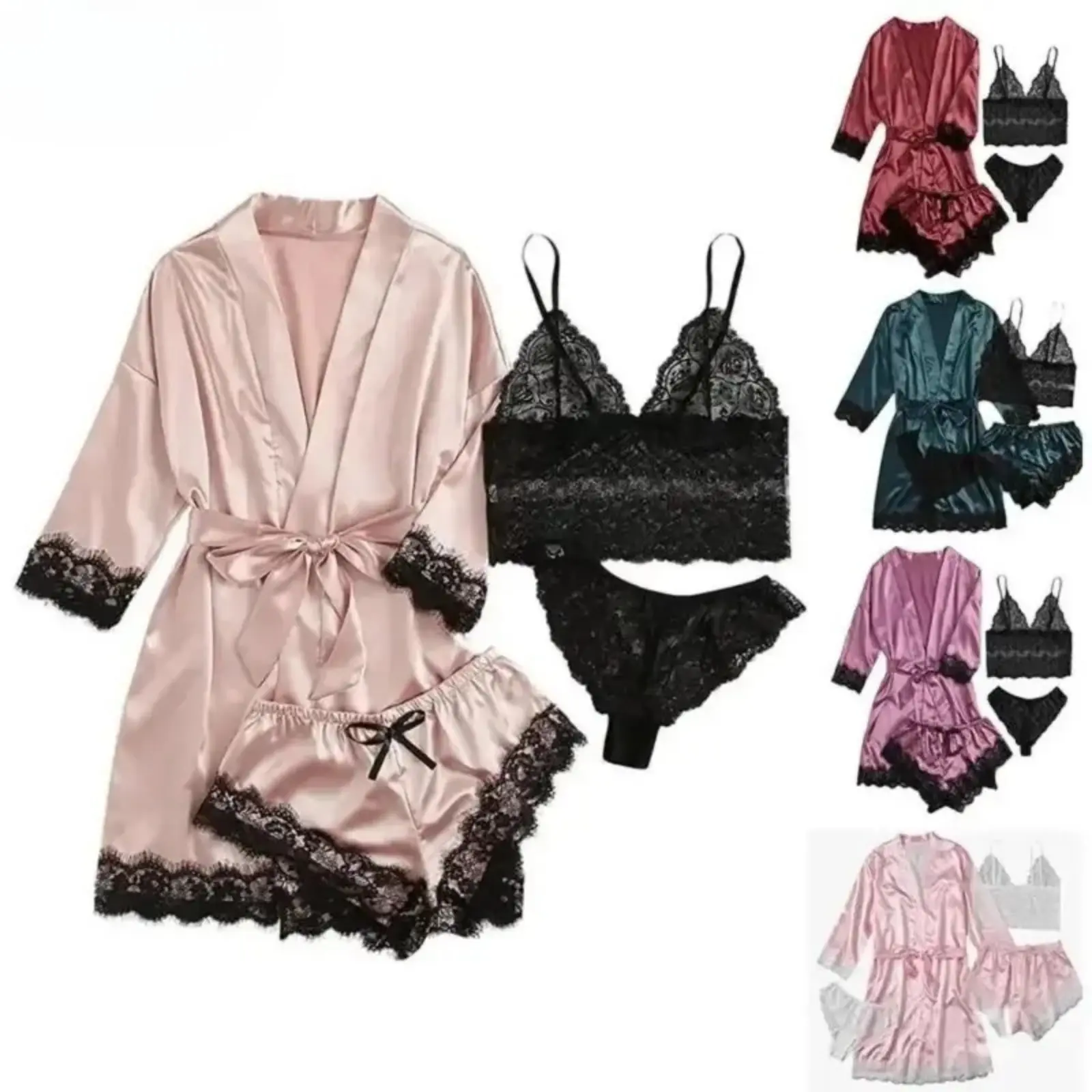 Women's 4-Piece Matching Floral Lace Sleepwear Set - Essential, Comfy, Breathable Camisole, Loose Robe & Relaxed Shorts Loungewear Kit for Day Relaxation & Night Sleeping (TikTok Shop Back to School)