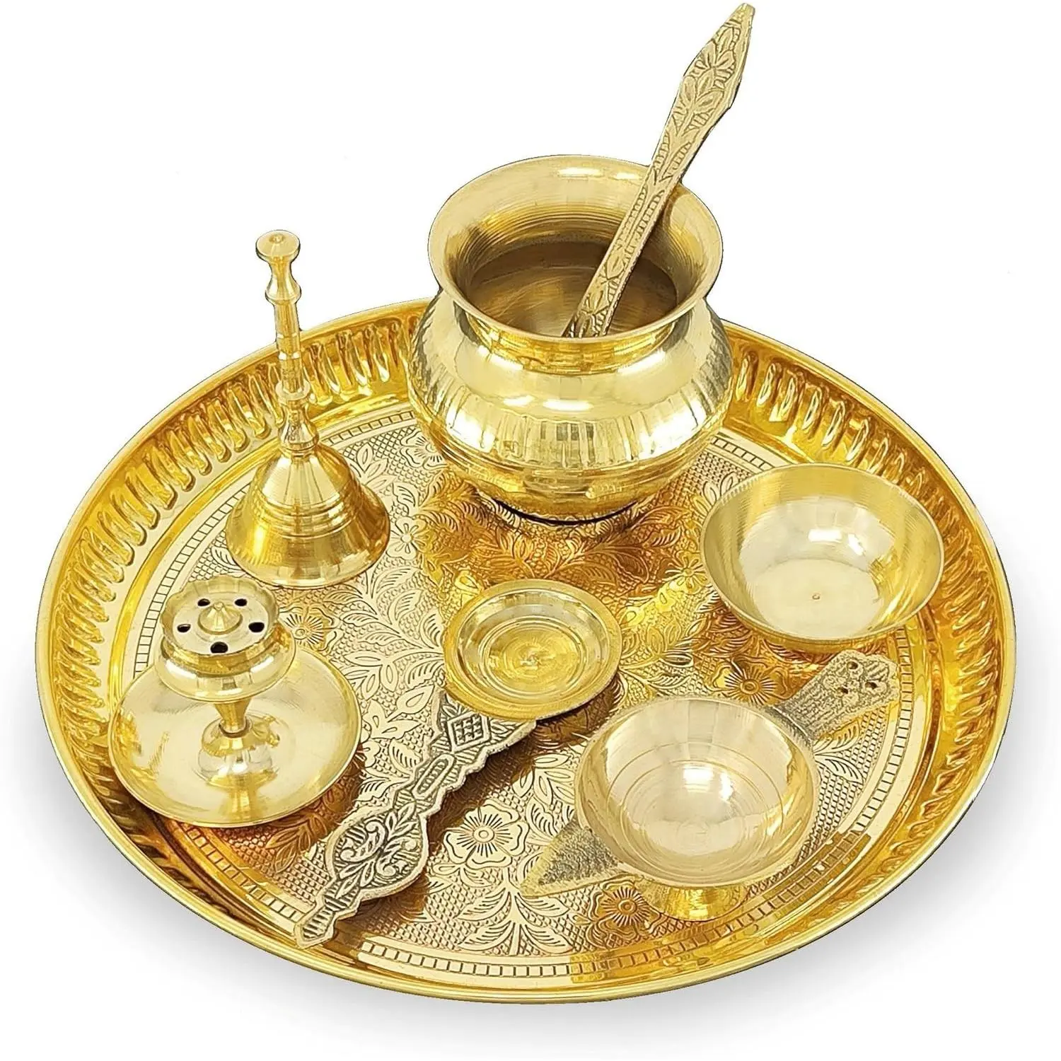 Brass Pooja Thali Set - 8 in Round Thali with Brass Plate, Kalash, Palli, Chandan Wati, Agarbatti Stand, Kappur, Arti Diya for Diwali Mandir, Wedding Return Gifts, Traditional
