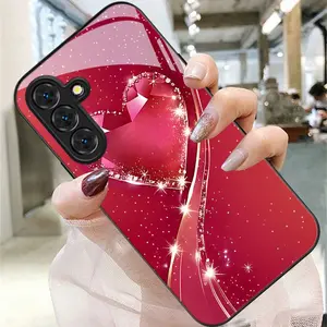 Heart-shaped crystal love red sparkling star pattern phone case, suitable for Samsung Galaxy A14 A15 A16 A23 A24 A25 A26 A32 A34 A35 A36 A52 A53 A54 A55 A56 S21/S22/S23/S24/S25/S26 FE/Plus/Ultra, anti-drop tempered glass protective case