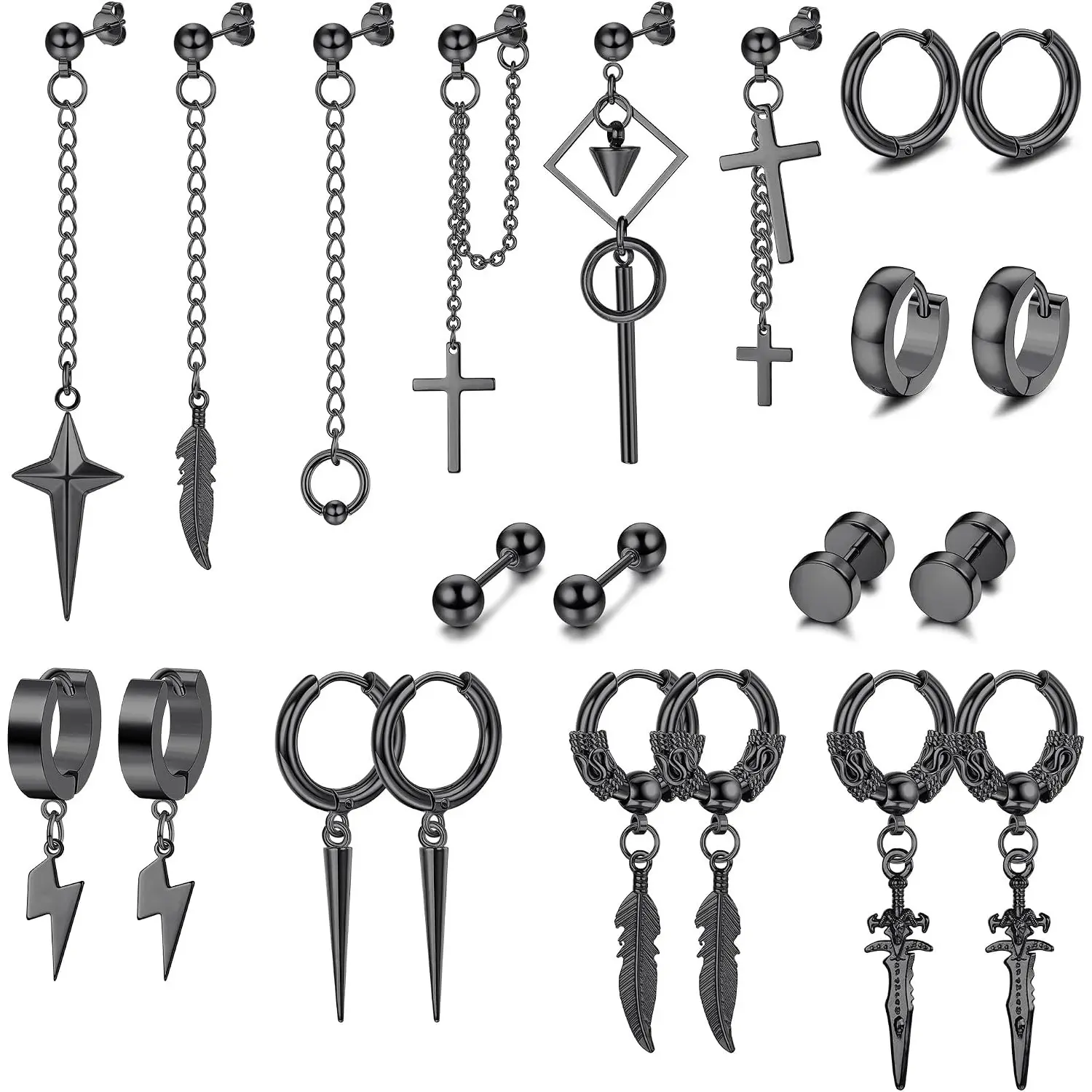 22 Pcs Men’s Stainless Steel Dangle Earring Set, Hinged Hoop Long Chain Cross Drop Studs Unisex Kpop Punk Cartilage Piercing Jewelry Gift for Guys