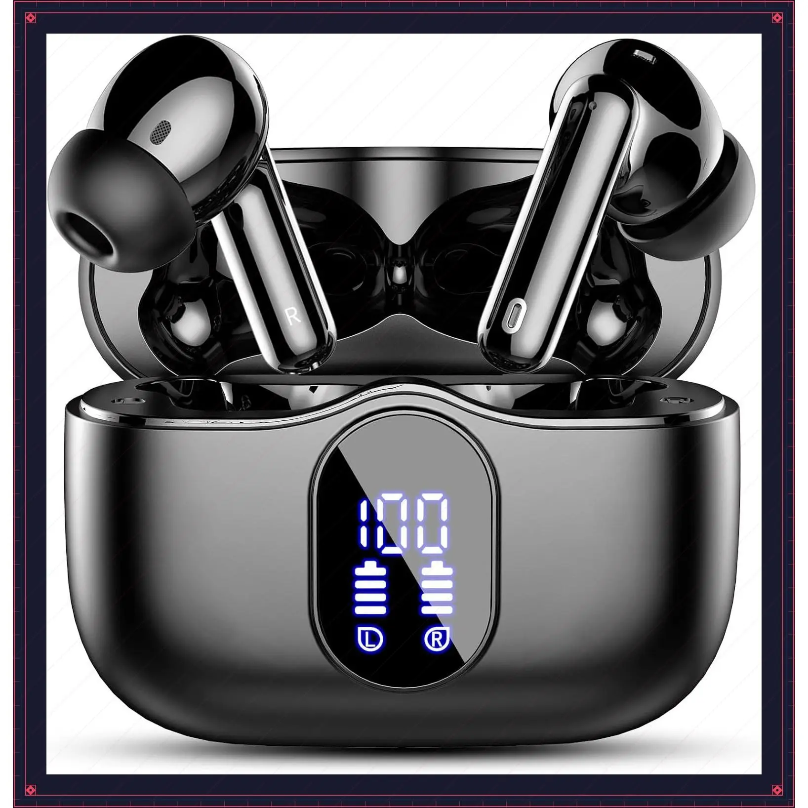 Wireless Earbuds Bluetooth 5.4 Headphones, Bass Stereo Sound & Clear Calls, Noise Cancelling Mic, LED Display, IP7 Waterproof, 36H Playtime, Black - In-Ear Earphones for Phones, Sports, LaptopGift