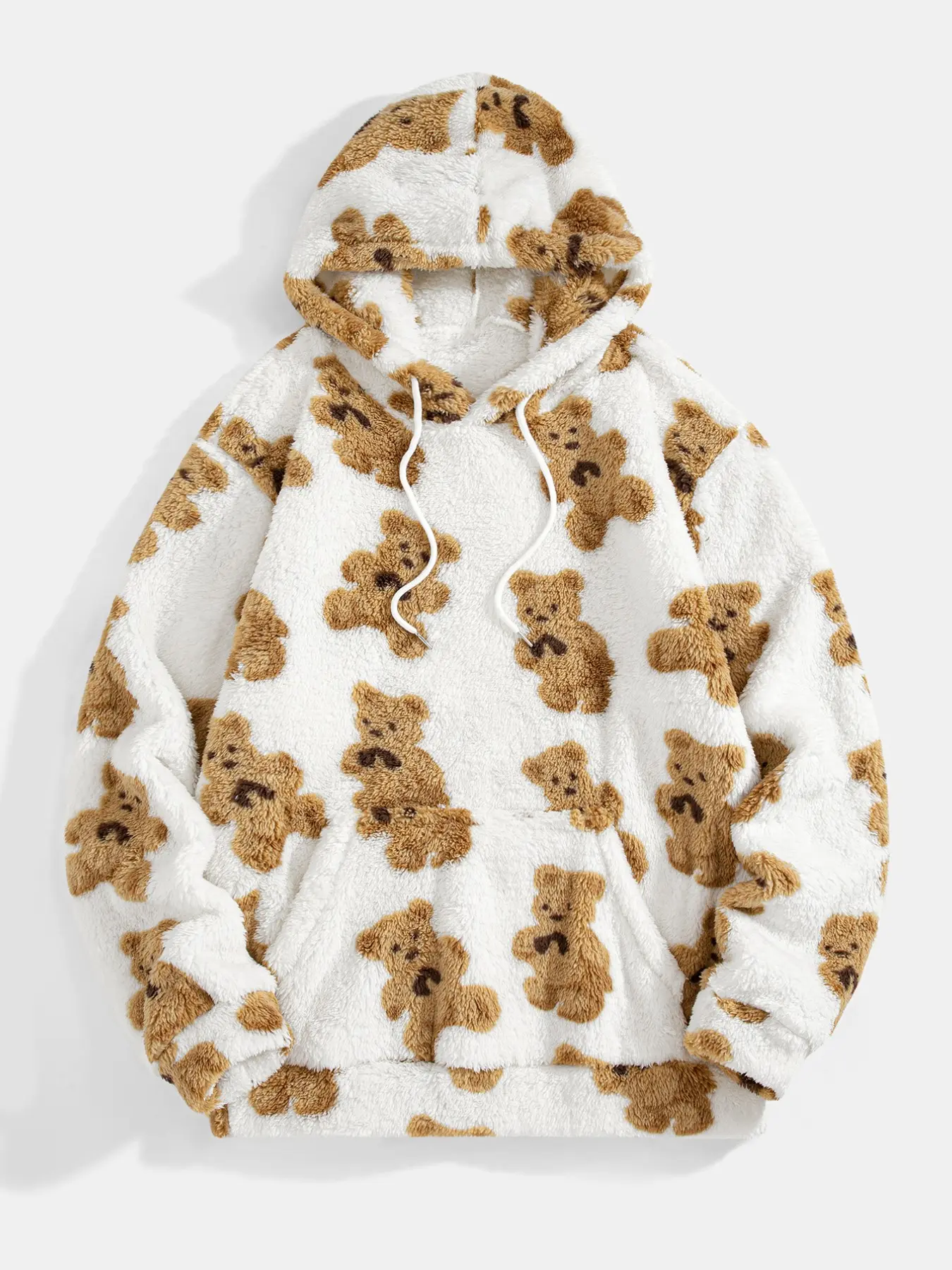 Winter Thermal Soft Plush Men Hoodie, Teddy Bear Print, Drawstring Pullover Sweatshirt, Casual Slim-Fit, Ideal for Leisure & Travel