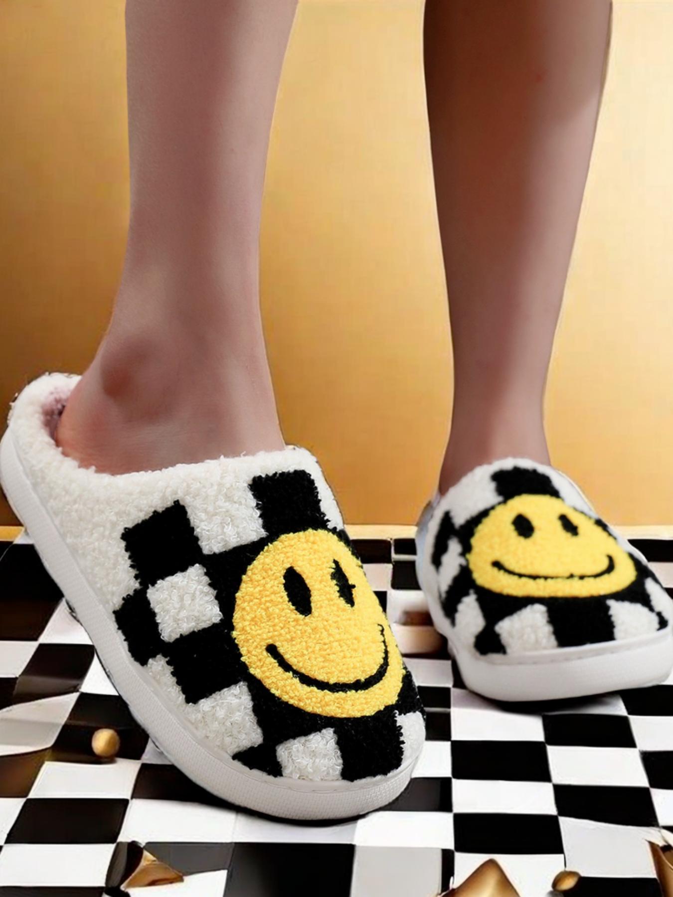 Colorblock Plaid & Smile Face Pattern Plush Slippers, Fashionable Home Slippers for Indoor Outdoor Wear, Fluffy Fall & Winter House Shoes for Women, Unique Gifts for Women, Footwear