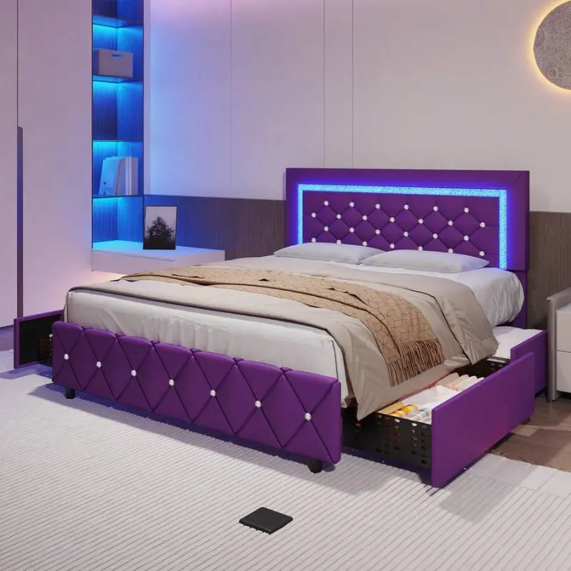 Twin/ Full/ Queen Bed Frame With Drawers, Upholstered Bed Frame With LED Lights, Modern Platform Bed Frame With Headboard And Footboard, Diamond Tufted Design, No Box Spring Needed, White/ Pink/ Black/ Purple/ Yellow (Twin Size 2 Drawers/ Other Size 4