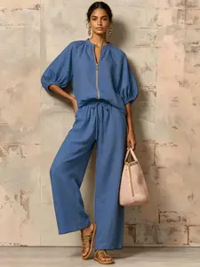 Two piece set of women's vacation casual fashion solid color zipper round neck wide leg pants, suitable forallseasons, suitable for vacation,indoor and outdor wear.