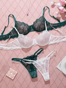 Two-Piece Mixed Color Fashion Lace Push-Up Underwear Set Bra Sets, Sexy Transparent Sheer Bra and G-String Combo, Comfortable Breathable All-Season Daily Wear