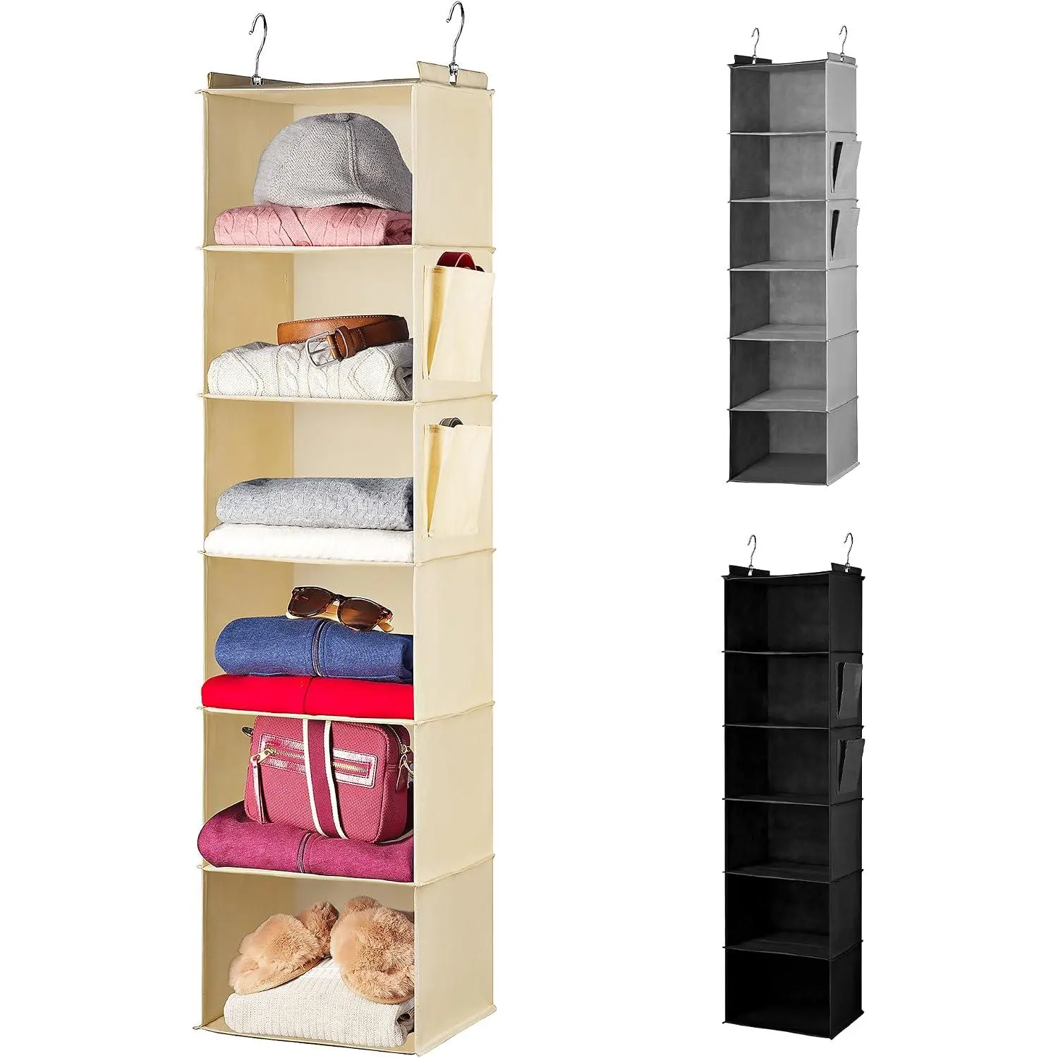Closet Organizer - 6 Shelf Storage for Clothes, Sweaters, Shoes & Accessories - Space-Saving Wardrobe Shelves with Hooks for Dorm, RV & Small Closet Organization (Beige)