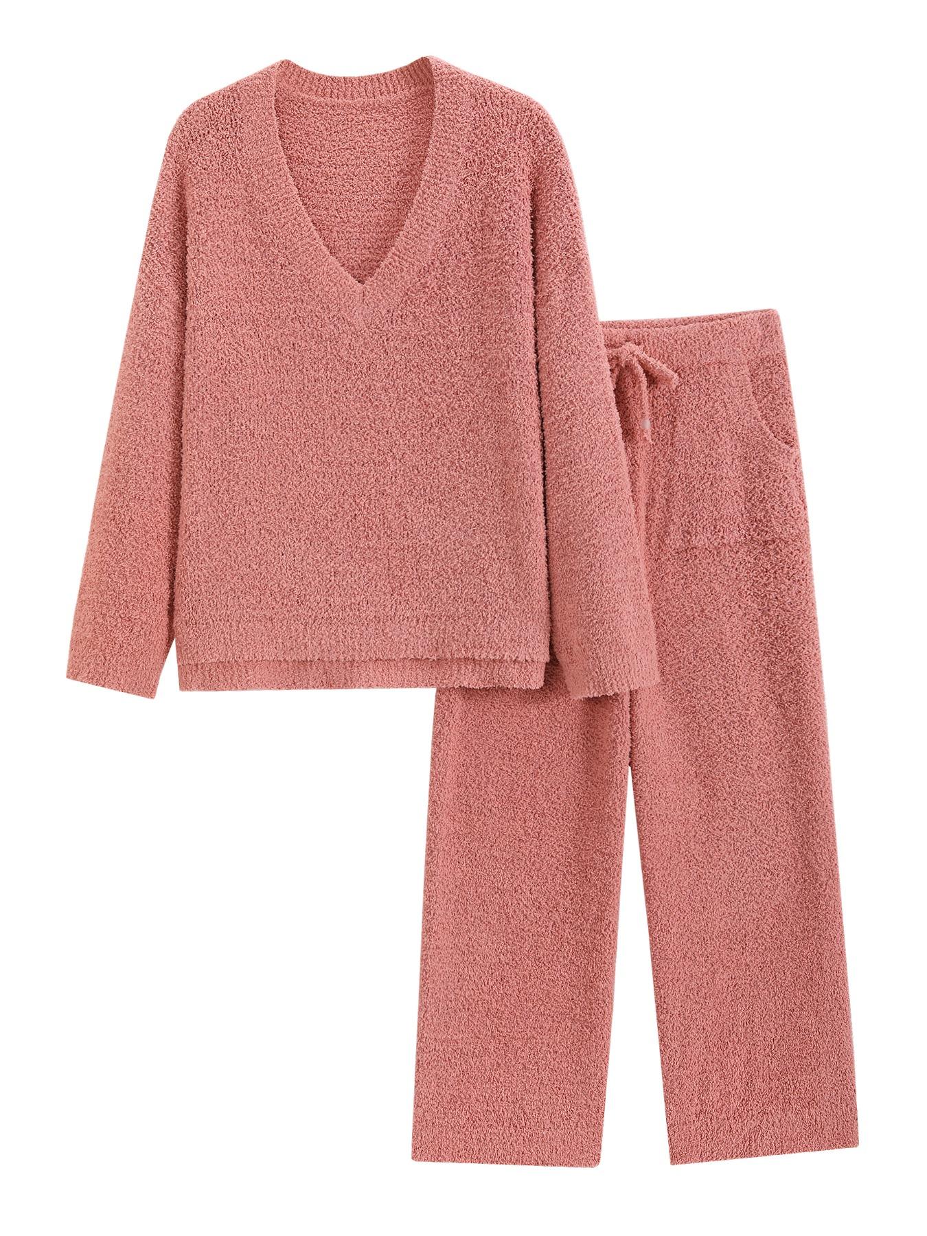 【COZY PAJAMA SET】Women's Solid Split Hem Top & Pocket Pants Plush Pyjama Set, Casual Comfy Long Sleeve V Neck Top & Drawstring Trousers PJ Set, Women's Fluffy Pajamas for Fall & Winter