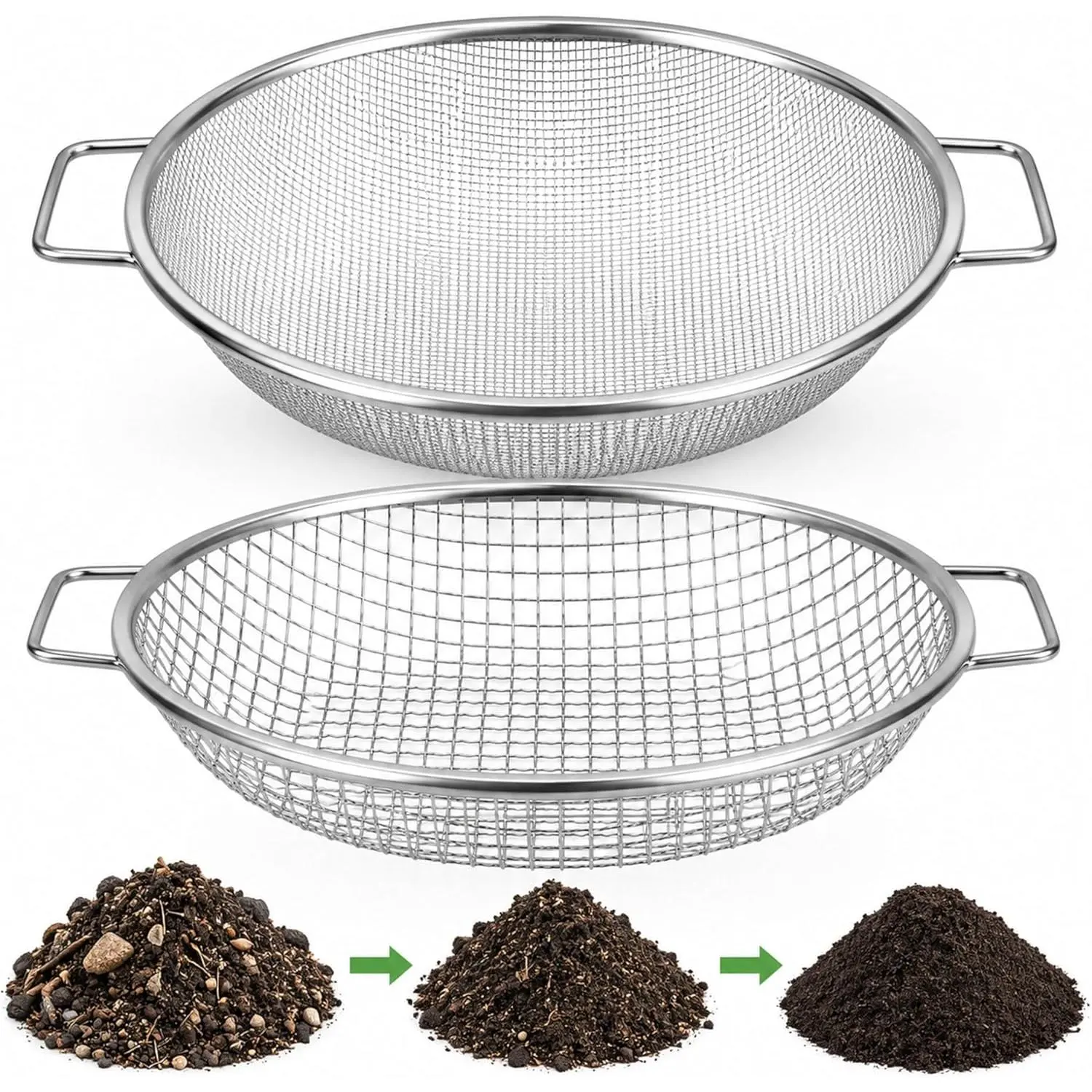 2PCS Soil Sifter for Gardening with Handles 11" x 2.6" Dirt Sifters ith 1/4" &1/8" Mesh for Compost Soil Gravel Rocks Sawdust Worm Castings, Garden Beds & DIY Landscaping