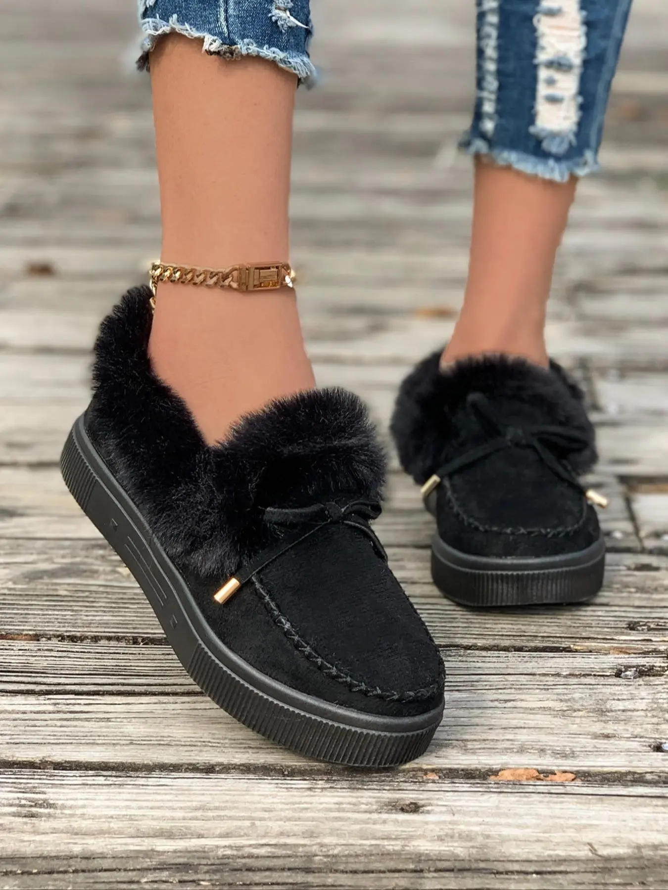 Women's Casual Fuzzy Beanies Shoes, Fall Winter Warm Cotton Shoes, Outer Wear Thick Sole Fuzzy Shoes, Bowknot Fuzzy Edge Slip-On Loafers