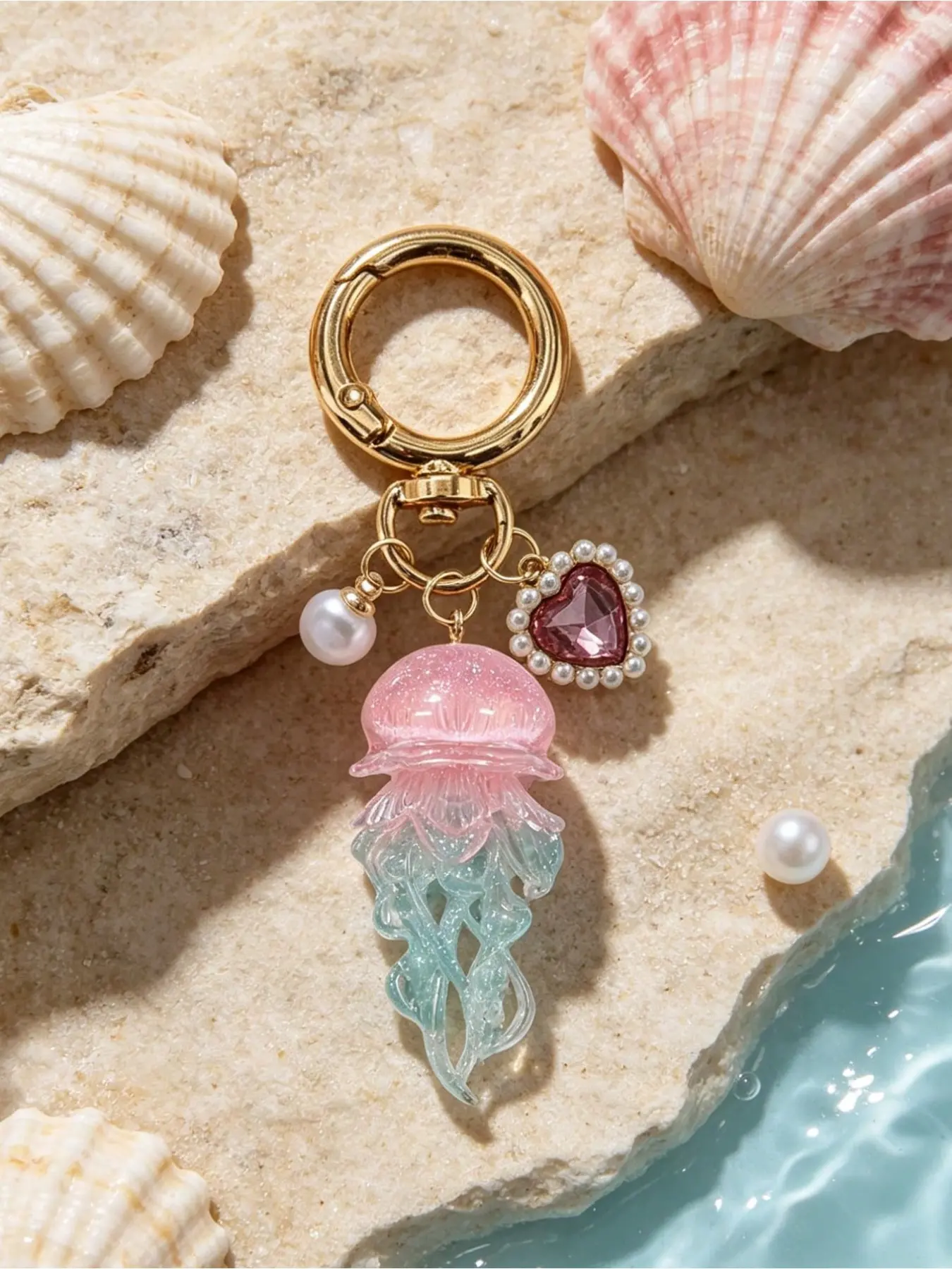 Gradient jellyfish keychain with pink-blue pendant, decorated with faux pearls and heart rhinestones. Golden hardware, ocean & kawaii style. Lovely gift for holidays and daily matching.