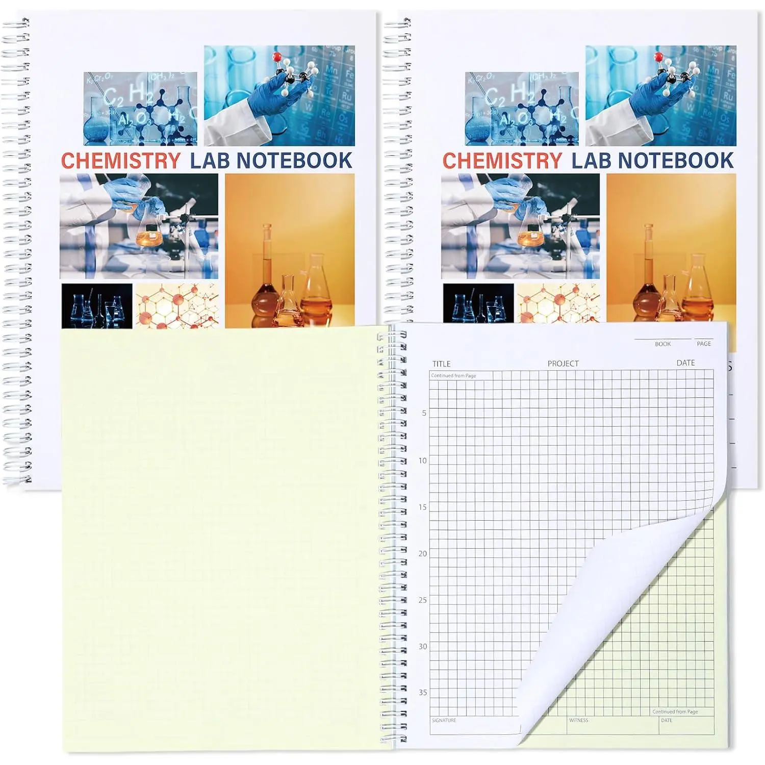25 Sets Carbonless Lab Notebook with Periodic Table(50 Pages) | Science Grid Paper, Durable Translucent Cover, Wire-O Binding, 8.5'' X 11'', Ideal for Chemistry Students & Researchers