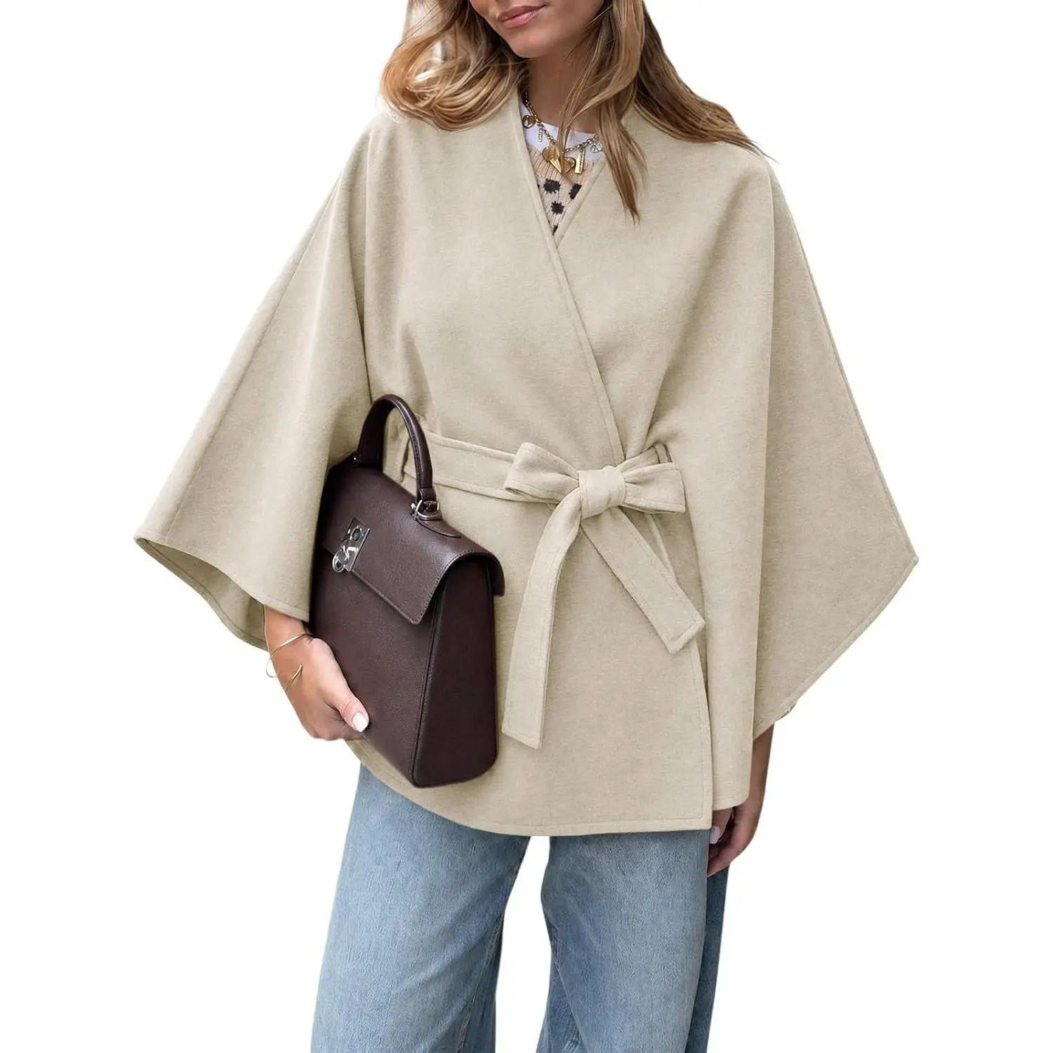Tankaneo Womens Batwing Sleeve Poncho Pea Coats Oversized Cloak Cape Coats, Cocktail, Date Night, Cute, Trendy, Winter, V Neck, Dressy Casual, With Belt, Loose Fit