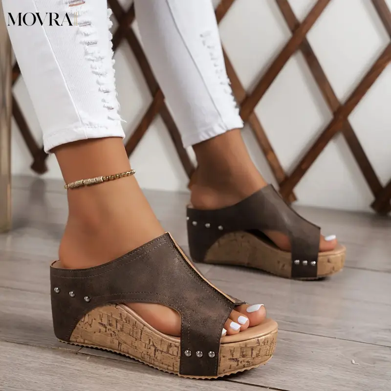MOVRA1 Women'S Vintage Solid Color Open Toe Wedge Heel Slides Sandals, Upper, Rubber Sole, Insole, Strappy Back,-on, No Printing, Hand Wash,