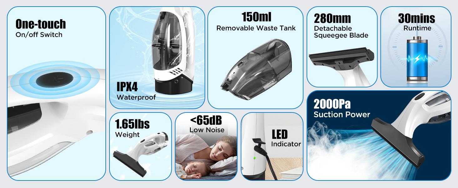 Window Vacuum Squeegee Cordless, 2000Pa Electric Window Cleaner Tool with 2200mAh & 150ml Water Collection Tank, Window Cleaning Kit Shower Squeegee for Glass Doors, Windows, Mirrors, Car (White)