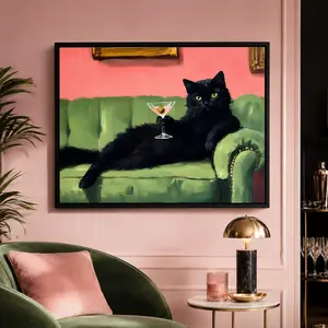 Wall Art, Vintage Poster, Art Print, Black Cat on Sofa Painting, Green Pink Cocktail Print, Living Room Decor Aesthetic, Room Decor, Artistic, Artwork, Wall Art Decoration, Canvas Print, Black Cat Poster, Cocktail Wall Decor, Gift for Cat Lovers