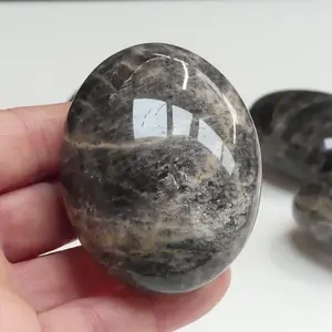 1pc Natural Black Moonstone Crystal Palm Stone, Oval-Shaped Crystals, Bohemian Style Home Decor & Mineral Specimen for Halloween Christmas Valentine's Day, Unique Gift Idea, Holiday Decoration