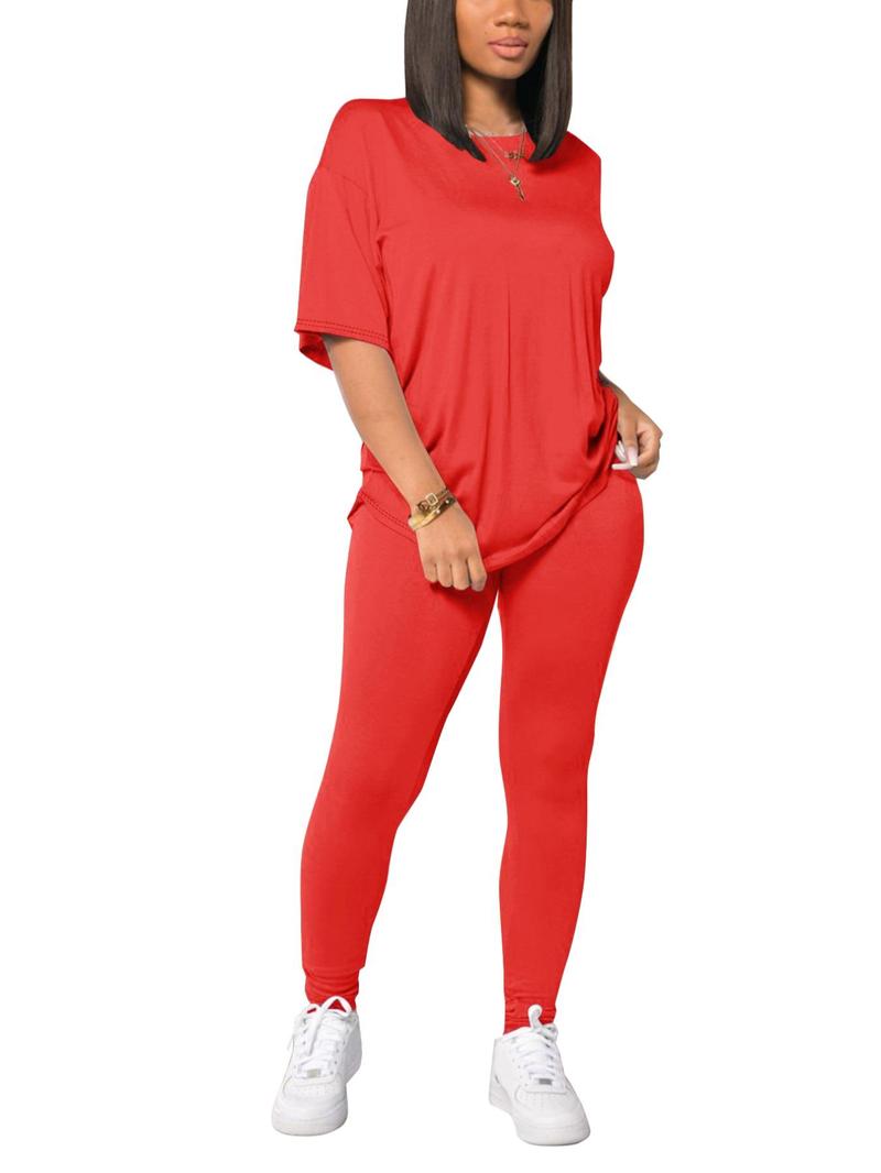 Women's Solid Drop Shoulder Tee & Elastic Waist Skinny Pants Set, Summer Clothes Women, Casual Round Neck Half Sleeve Top & Leggings for Summer