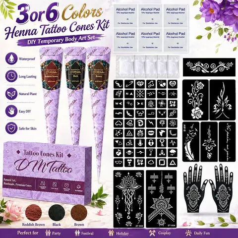 Henna Tattoo Kit, 3/6-Color DIY Body Art Set with Stencils, Leg Body Makeup, Face & Body Cosmetic, Makeup, Waterproof Temporary Ink with Natural Safe Formula for Parties and Festivals