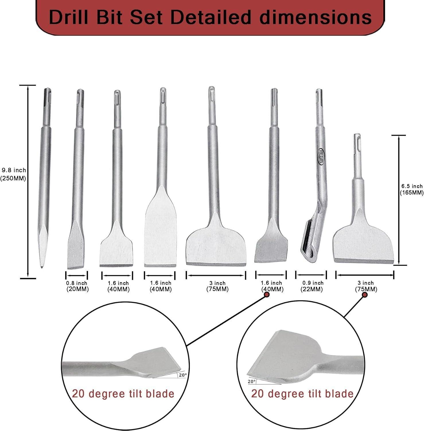 8 count SDS Plus Chisel Set, Masonry Concrete Drill Bit Set, Tile Removal Chisel Bits for Rotary Hammer with Point Flat Wide Tile Inclined Grooving Scraping Scaling Chisels