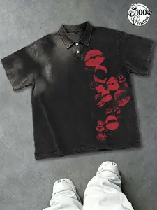 Y2K Style Unisex Polo Shirt,100% Pure Cotton Vintage "Hot Kiss" Lip Print 240g Heavyweight Washed Cotton Short-Sleeve Polo T-Shirt, Printed Polo Shirts, Loose Fit, Streetwear, Couples Fashion, Men's Gift, Retro Casual Wear