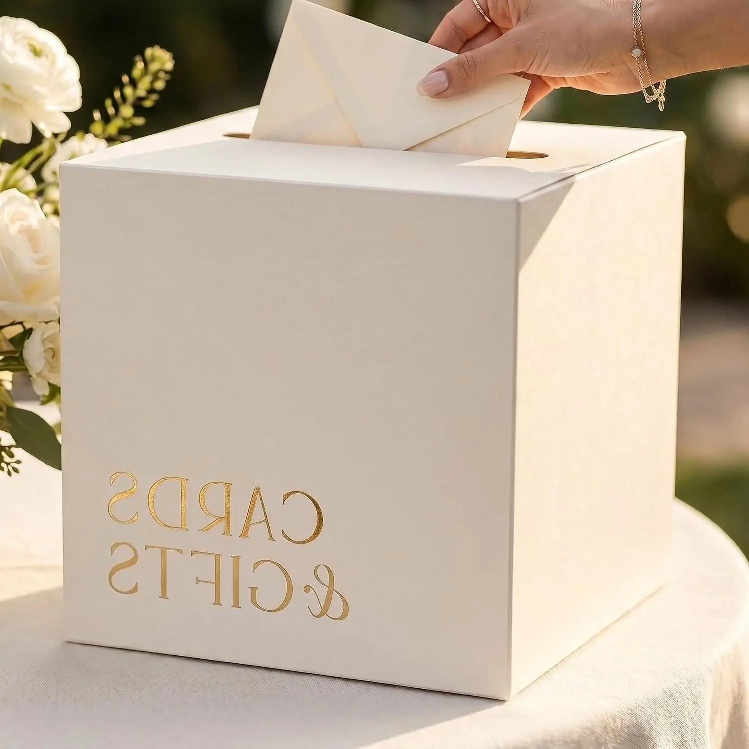 Elegant Beige Wedding Card Box with Gold Foil - Gift Card Holder for Bridal Showers, Anniversaries, Graduations - Sturdy, Easy to Assemble, Matches Party Reception DecorationsGift