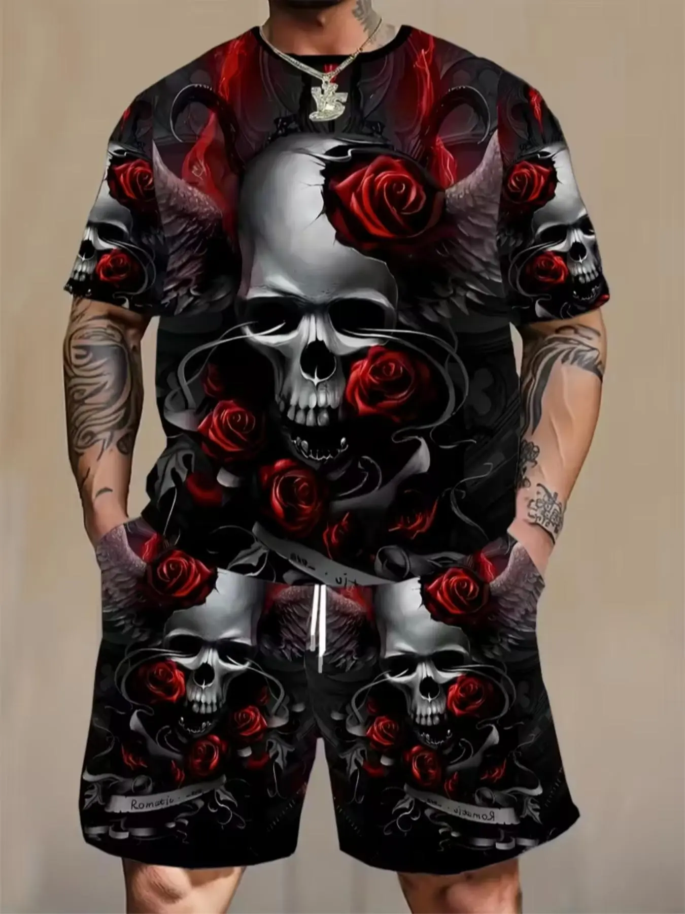 Men's Punk Style 3D Digital Print Set, Skull Wings Roses, Casual Streetwear, Fitted Shorts & T-Shirt, All Seasons