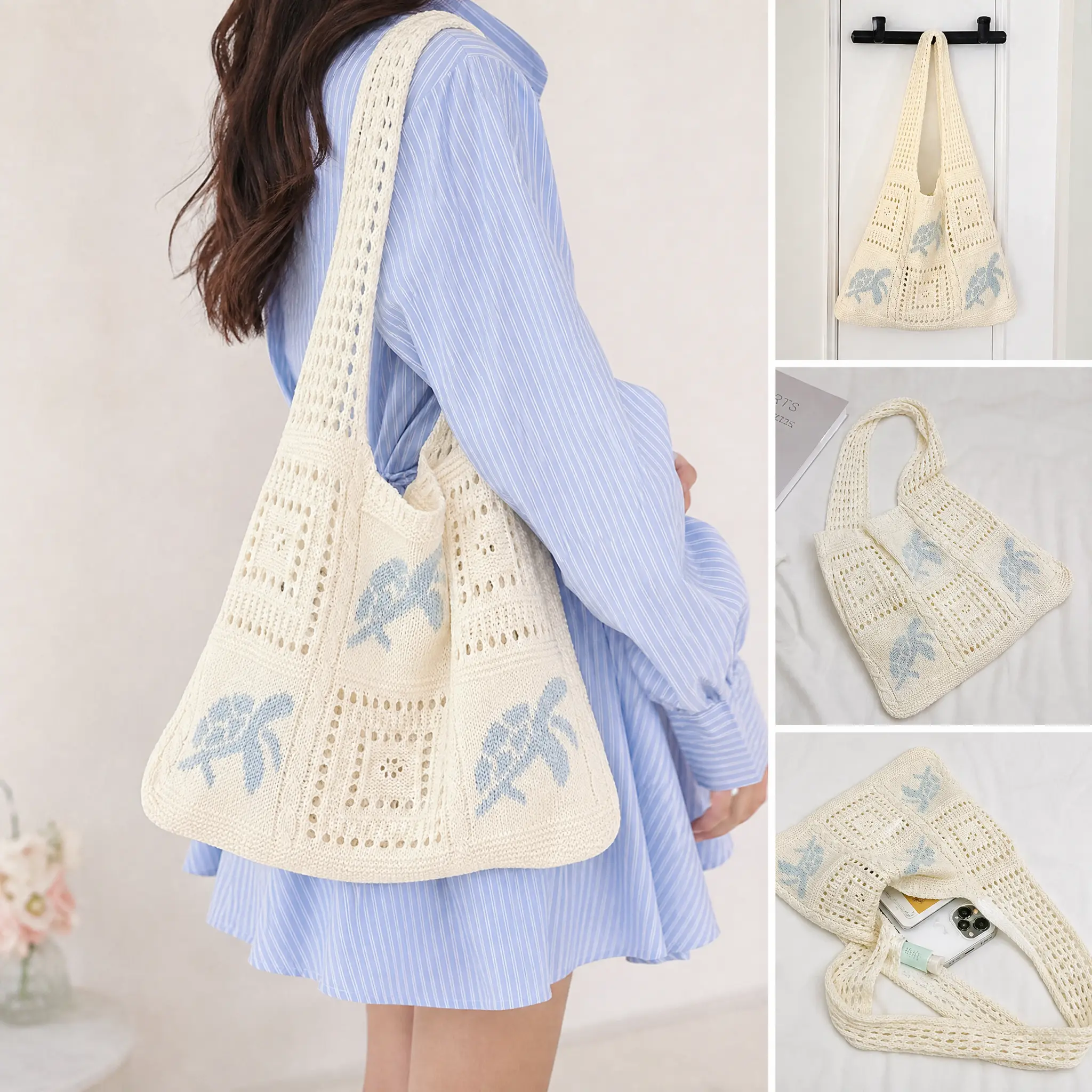 Ladies' Simple Casual Hollow Shoulder Bag, Fashionable Daily Personalized Pattern Knitted Bag, Crochet Bags, Handcrafted Bag, Versatile Shoulder Bags, Fashionable Patterned Bag