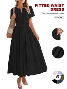 Women's Long Tiered Cake Dress, Small V-Neck, Puff Sleeves, Cinched Waist, High-Waisted Jacquard Fabric, 6 Colors, Sizes S-Xxl, Vacation Ready