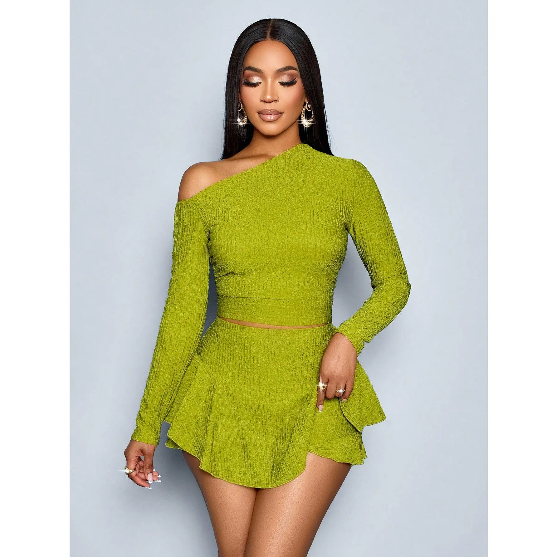 Going Out Two Piece Sets Party Long Sleeve One Shoulder Crop Top and Layered Ruffle A Line Mini Skirt Set